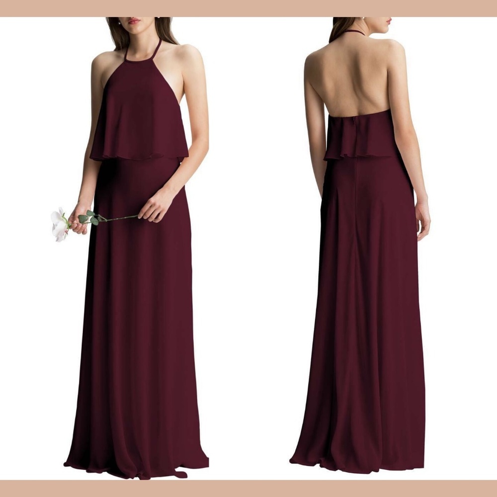 NEW‎ #Levkoff Halter Overlay Chiffon Gown in Wine [SZ 8 ]